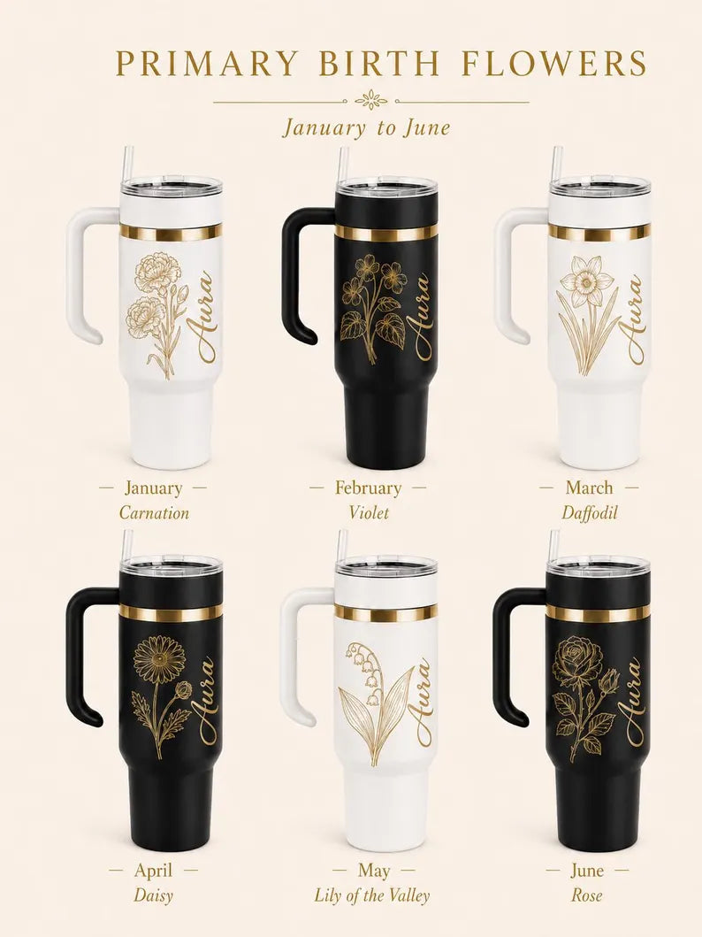 40oz birth flower tumbler personalised with name and handle