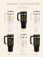40oz birth flower tumbler personalised with name and handle