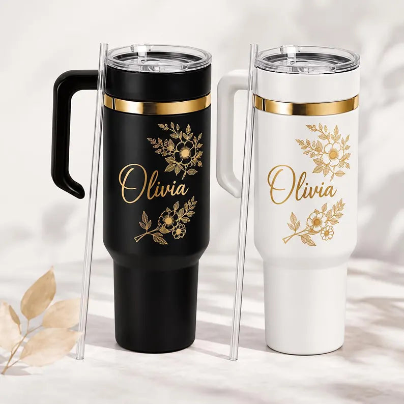 Personalised Botanical Floral Name 40oz Tumbler – Removable Handle