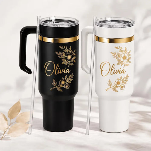Personalised Botanical Floral Name 40oz Tumbler – Removable Handle
